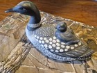 Loon Bird Figurine With Chick  Black   White Spotted Decoy Style Collectible