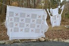 Vintage Lot Christmas Tablecloth   Matching Apron Frilly Lace Poinsettia Embroid