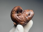 Japanese Boxwood Netsuke Carp Fish Wood Carving Sculpture Signed Seigan       