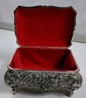 Vintage Ornate Silver Plated Footed Jewelry Box Floral Repousse Trinket Casket