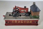 Cast Iron Mechanical Coin Bank Tractor With Log Cabin Barn Reproduction 