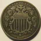 1867 Shield Nickel With Rays  Fine      Nice Problem-free Example For Type Set