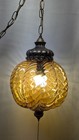 Vintage Hanging Swag Chain Lamp Amber Glass Globe Mid Century Optical Pumpkin 