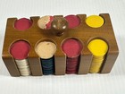 Vtg 147 Mini Poker Chips In Wood Caddy  Bakelite  Yellow  Blue  Red  Wht  Brwn 