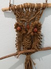 Vintage Macrame Owl Wall Hanging Brown Jute 2 Branch Perch Wood Eyes 33 l 24 w