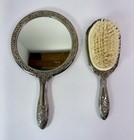 Silver Tone Vanity Set Vintage Hand Mirror Hair Brush Victorian Art Nouveau