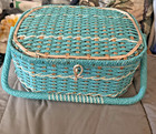 Vintage Dritz Sewing Basket Wicker Woven Japan Mid Century Turquoise Blue Vgc