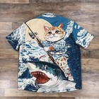 Hawaiian Shirt Mens 2xl Cat Riding A Shark Fishing All Over Print Button Up Xxl