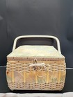 Vintage Floral Cloth Wicker Basket Handled Sewing Box 9 X 9 X 6  With Contents 