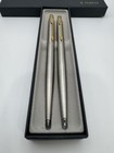 Vintage Parker Classic Pen And Pencil Set Stainless Steel Gold Trim Made In Usa