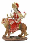 Hindu Goddess Durga Wearing Red Sari Riding On Tiger Figurine 8 5  Tall Statue