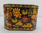 Vintage Daher Metal Tea Tin Brown Orange Floral Design Hinged Lid Boho England