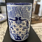 Vtg  Mexican Talavera Tumbler - Blue   White Hand-painted Pottery Signed Vazquez