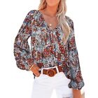 Shewin Women s Casual Boho Floral Print V Neck Long Sleeve Loose Blouses Shirts