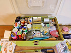 Vintage Wilson Wil-hold Sewing Box Full Of Items- Green With Clear Top