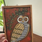 Vintage 1970s Owl Plaque Wall Hanging Mcm Mid Century Funky Art Gift Prop Greek