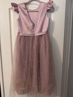 Girls Purple Fit   Flare Midi Tulle Dress Beaded V-neck Ruffle Sleeve 10