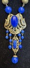 Antique Neiger Brothers Czech Lapis Glass Brass Art Deco Pendant Necklace