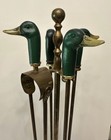 Vintage Brass Painted Duck Head Fireplace Tool Set Mallard Stand Mcm Hearth Rare