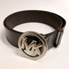 Michael Kors  Women   s Dark Brown Genuine Leather Gold Round  Buckle Belt  Small