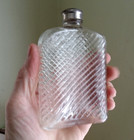 1920s Vintage Curved Glass Hip Pocket Whiskey Flask W original Heavy Metal Lid