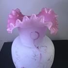 Antique Hand Blown 9inch Bohemian    vase Hand Painted Flowers Pink Ruffled Rim