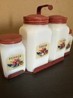 Vintage Mid- Century Milk Glass Made In Usa Spice Set  Red Top  40s 50s