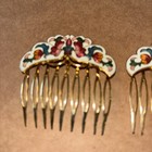 Two Vintage Enamel Cloisonn   Hair Combs-  White And Red Floral Pattern  v