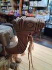 Camel Form Stool Hand Carved Wood Leather Antique Footstool