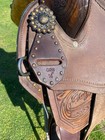 Used 14  Feather Tooled Western Barrel Saddle W brass Spots