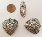 3 Vintage Antique Silver Heart Floral Scroll 31mm  Acrylic Puffed Pendants 1586