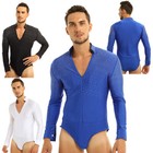 Mens Latin Ballet Ballroom Dance Leotard Long Sleeve Shiny Rhinestones Shirts