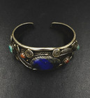 Old Pawn Navajo Sterling Silver Turquoise With Coral Lapis Cuff Bracelet Feather