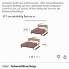Uniclinens King Quilt Set Botanical Floral Reversible Cotton Redwood Blue Beige