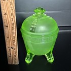 Vintage Art Deco Taussaunt Satin Green Uranium Glass Powder Trinket Jar W  Lid