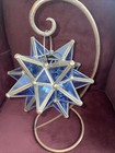 Vtg Moravian Star Hanging Light  Lantern Candle Holder Metal Blue Glass