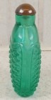 Vintage Carved Glass Green Snuff Bottle 2 7  Basket Weave Or Fish Scale Design 