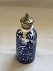 Antique Blue Willow Condiment Bottle  Porcelain W  Metal Lid  5 75    H X 2    D 