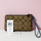 Nwt Coach Double Corner Zip Wristlet In Signature Canvas 87591 Khaki stone Blue 