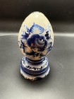 Vintage Gzhel Porcelain Egg On Stand Russian Cobalt White Hand Painted Signed