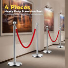 4pcs Stanchion Posts Silver Queue Pole With 2 Velvet Ropes Crowd Control Barrier
