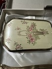 Vintage Vanity Set Hand Mirror Brush Comb Pink Floral Basket Gold Tone In Box