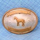 Horse Belt Buckle Western Trophy Ribbons Cowboy Nickel Silver Vtg 80s     nox747