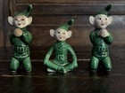 Vintage 1950s Elf Pixie Fairy Figurine Set Of 3 Green Ceramic Playful Whimsical