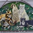 Vintage Joan Baker Tiffany Cat Stained Glass Hanging Window Panel 21 5   x13 75   