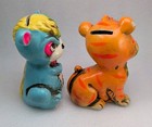 Pair Of Vintage 60s Retro Tiger And Monkey Piggy Bank Figurine 5  No Stopper
