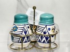 Hand-painted Colorful Ceramic Salt And Pepper Shakers W metal Caddy India New