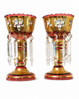 Pair Of Antique Bohemian Ruby Glass Mantle Lustres  Gilded Floral Crystal Prisms