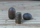 Antique Turned Wood Acorn Thimble Case Holder W mismatched German Brass Thimble