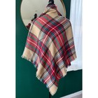 Tan Red Green Plaid Square Blanket Scarf Oversized Fringe Shawl Wrap Wrap